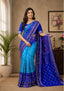 Handwoven Royal Blue Sambalpuri Patta Saree with Sky Blue Accents