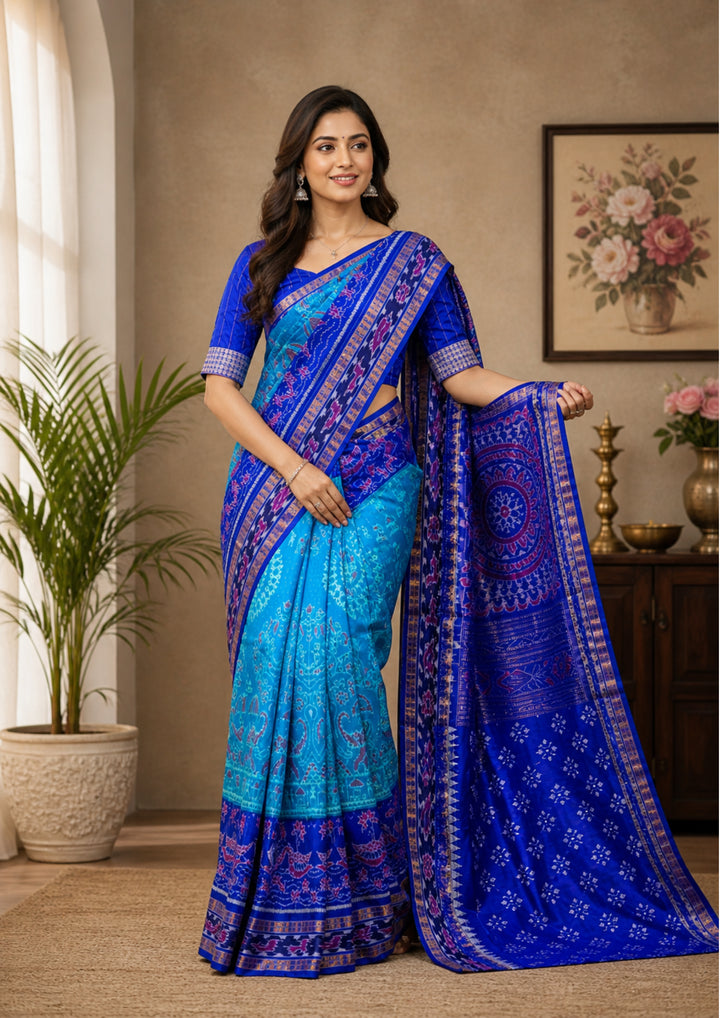 Handwoven Royal Blue Sambalpuri Patta Saree with Sky Blue Accents