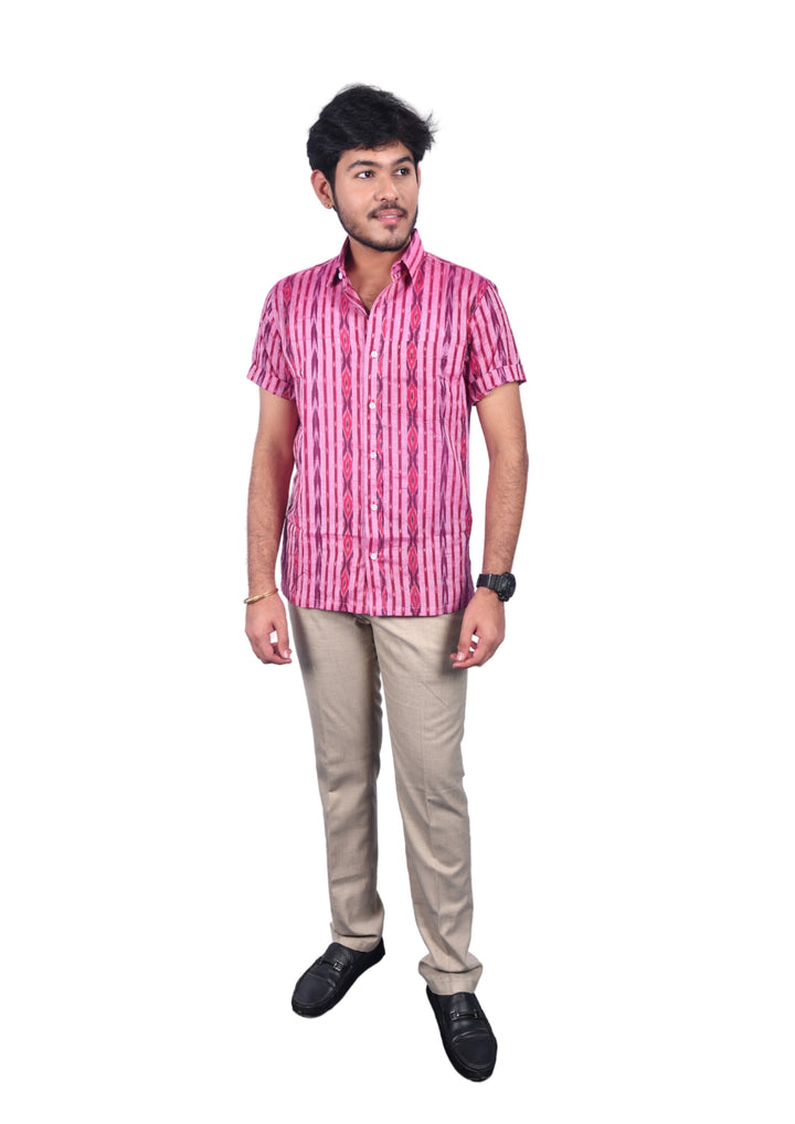 Sambalpuri Handloom Cotton Pink Half-sleeve Shirt for Men