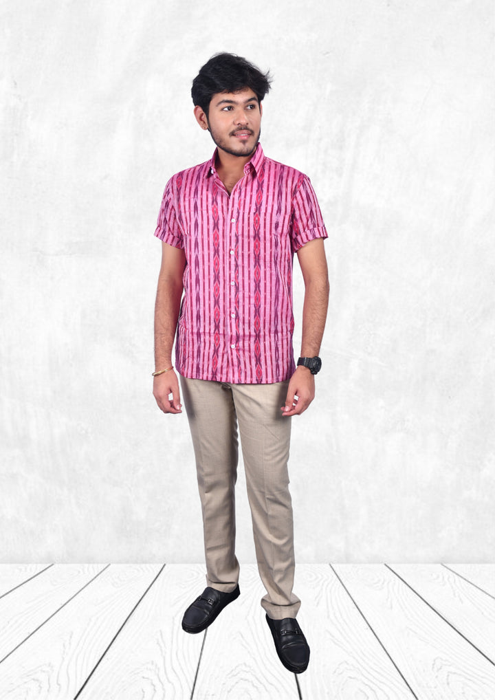 Sambalpuri Handloom Cotton Pink Half-sleeve Shirt for Men