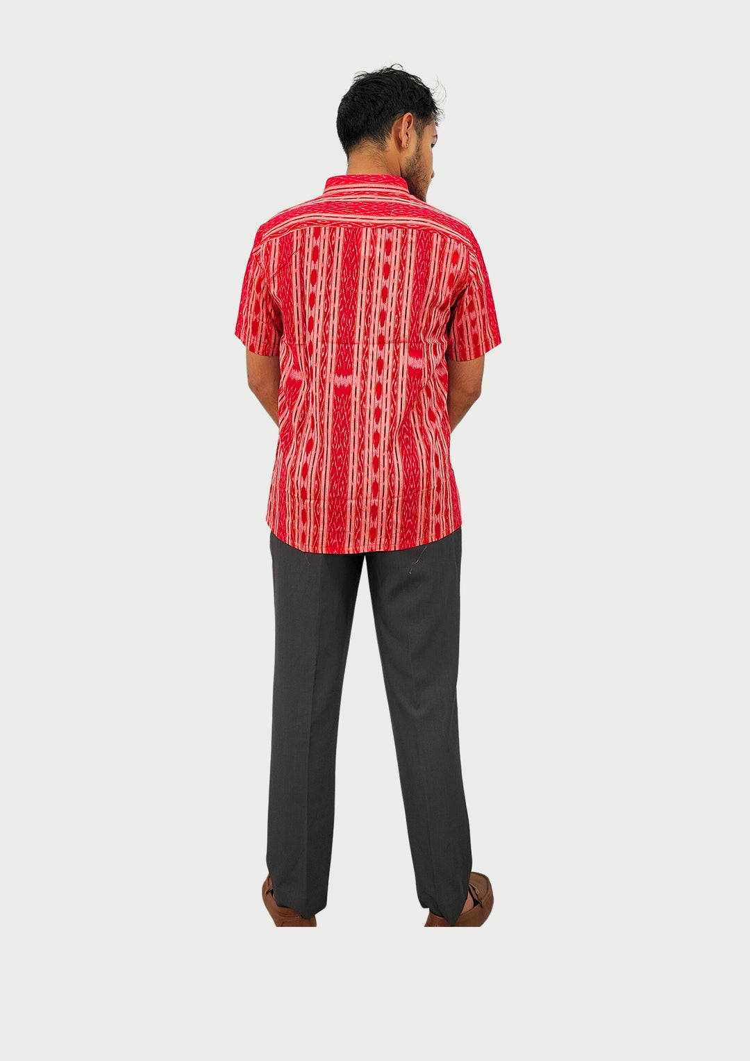 Sambalpuri Men’s Shirt – Ikat Vertical Stripe Pattern, Red Base with Orange & White Highlights (Half Sleeve)