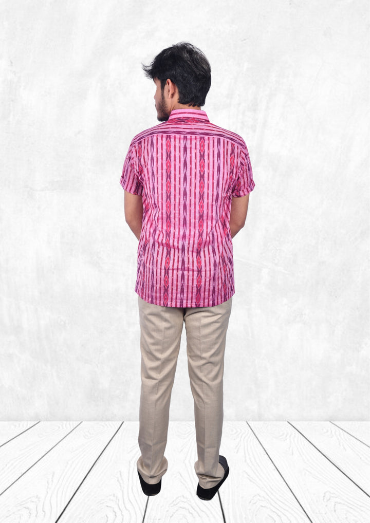 Sambalpuri Handloom Cotton Pink Half-sleeve Shirt for Men