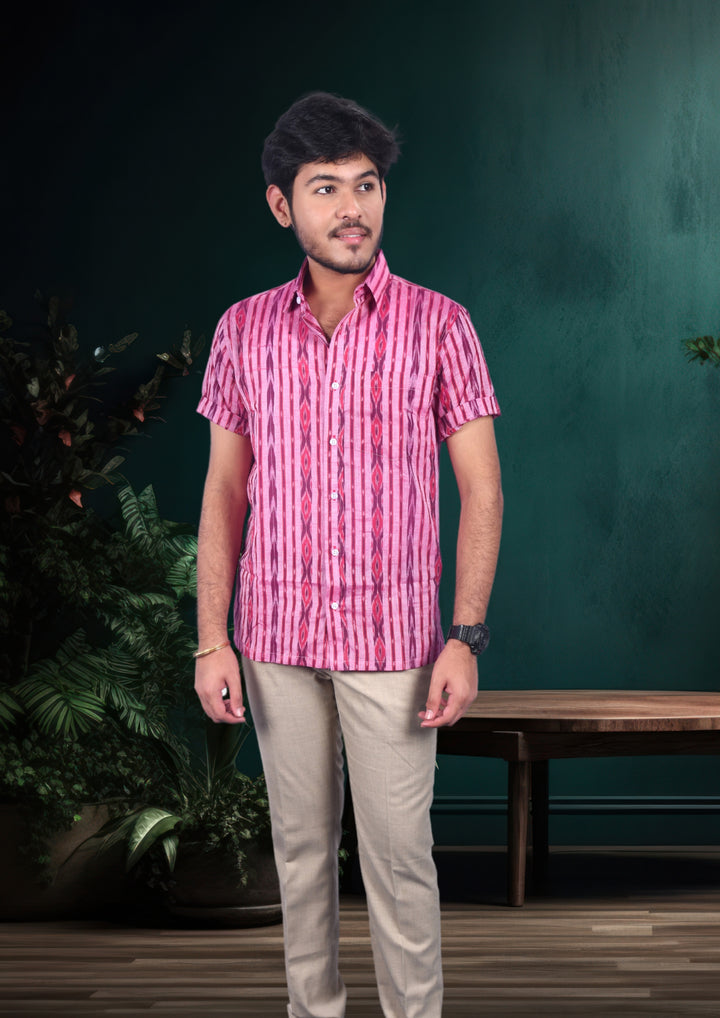 Sambalpuri Handloom Cotton Pink Half-sleeve Shirt for Men