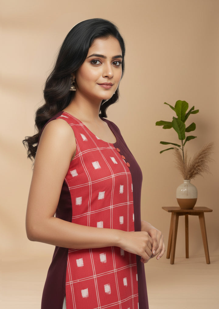 Wovio Modern Dual-Tone Ikat Dress - Red & Maroon Panel Design with Square Motif Pattern
