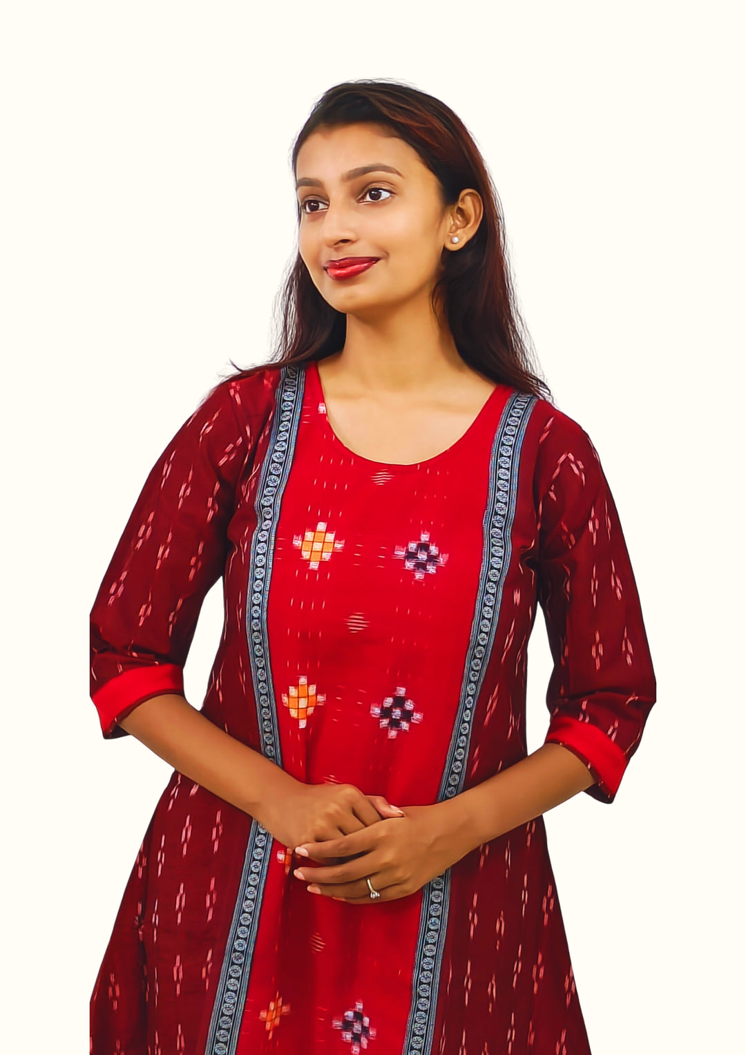 Sambalpuri Women’s Gown– Maroon with Red Ikat Panel and Multicolor Floral Motif