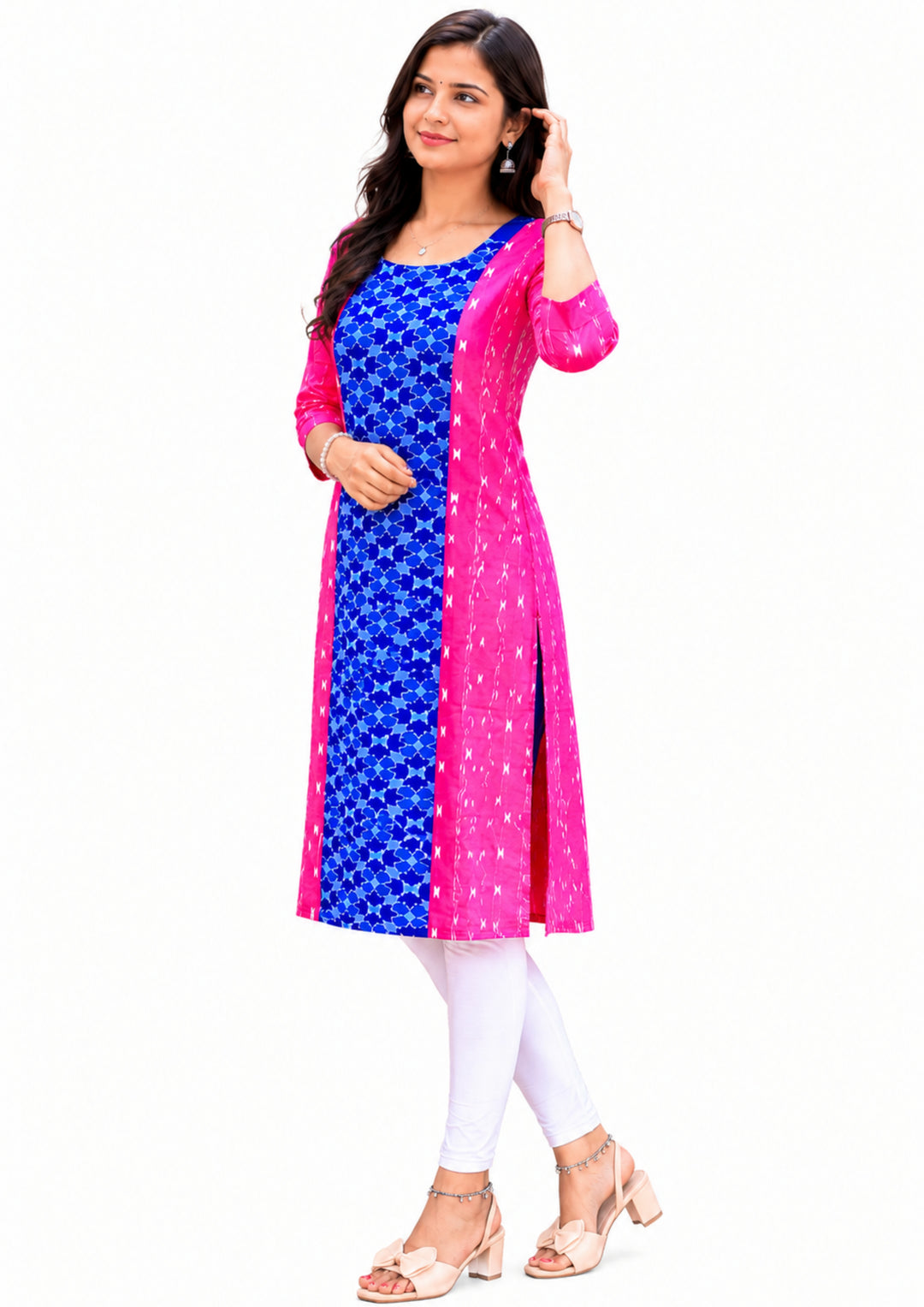 Sambalpuri Women's Kurti - Pink Cotton Kurti with Contrast Black Printed Yoke Panel