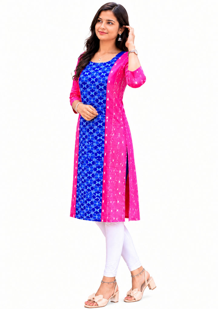 Sambalpuri Women's Kurti - Pink Cotton Kurti with Contrast Black Printed Yoke Panel