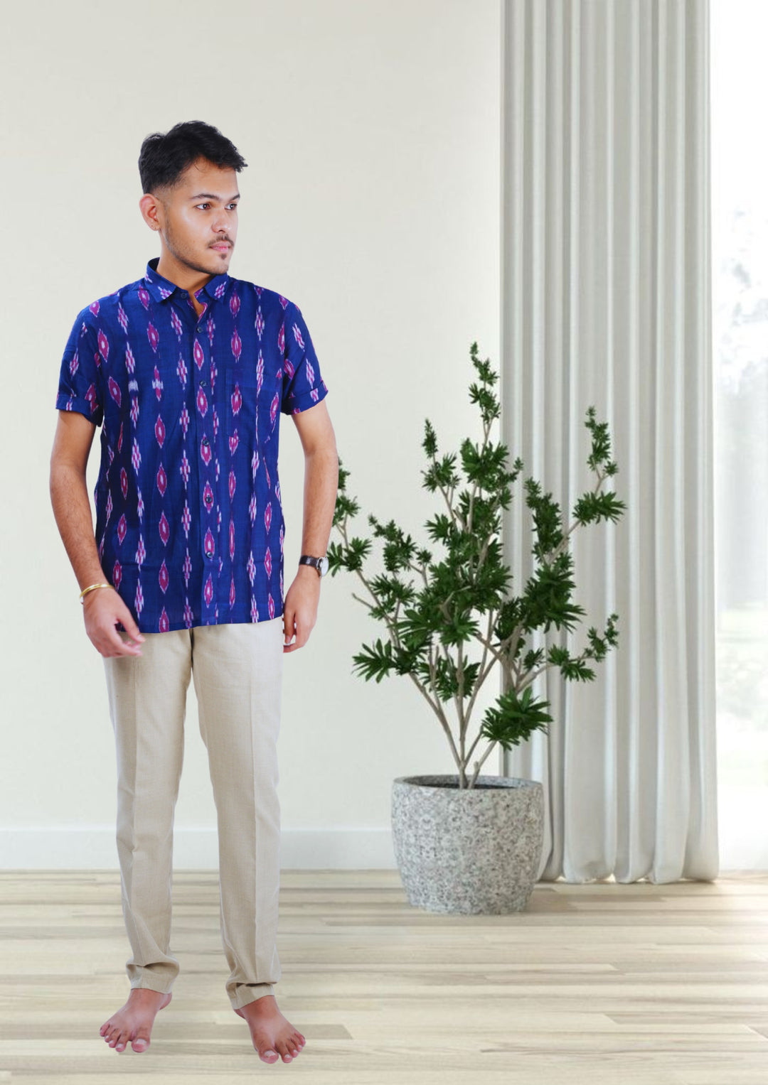 Sambalpuri Men’s Shirt – Ikat Diamond Motif, Navy Blue Base with Pink & White Highlights