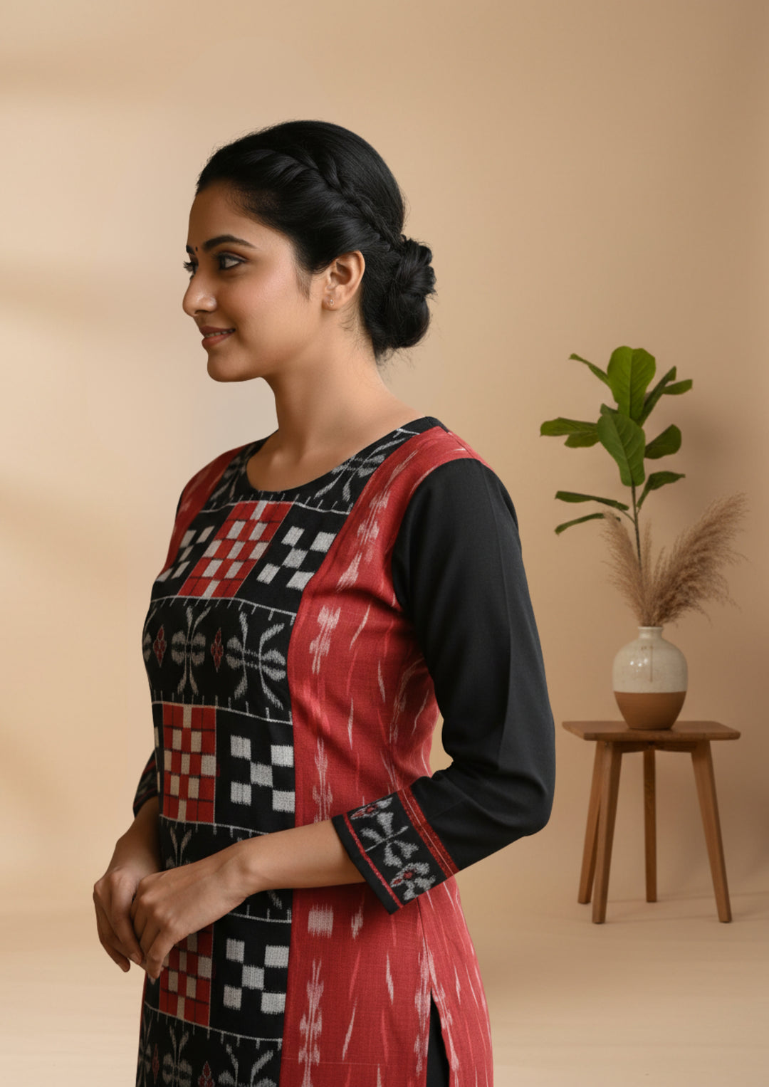 Sambalpuri Hand Woven Women's Straight Kurti in Black and Maroon