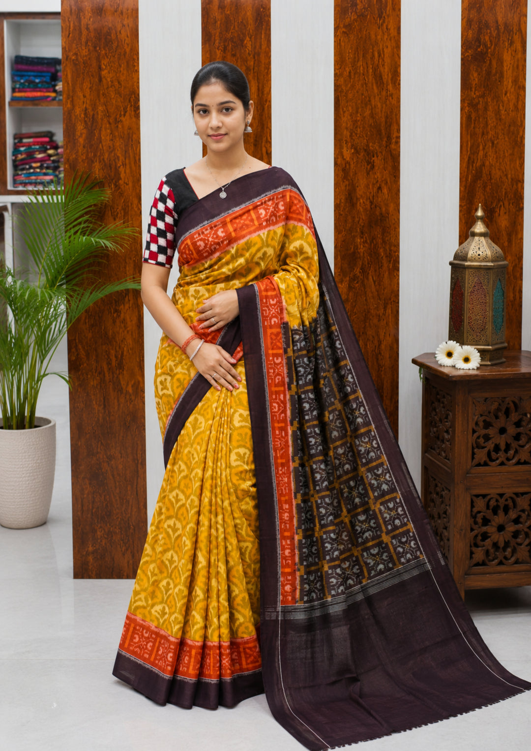 Elegant Sambalpuri Handloom Cotton Saree in Mustard Yellow & Deep Coffee Brown
