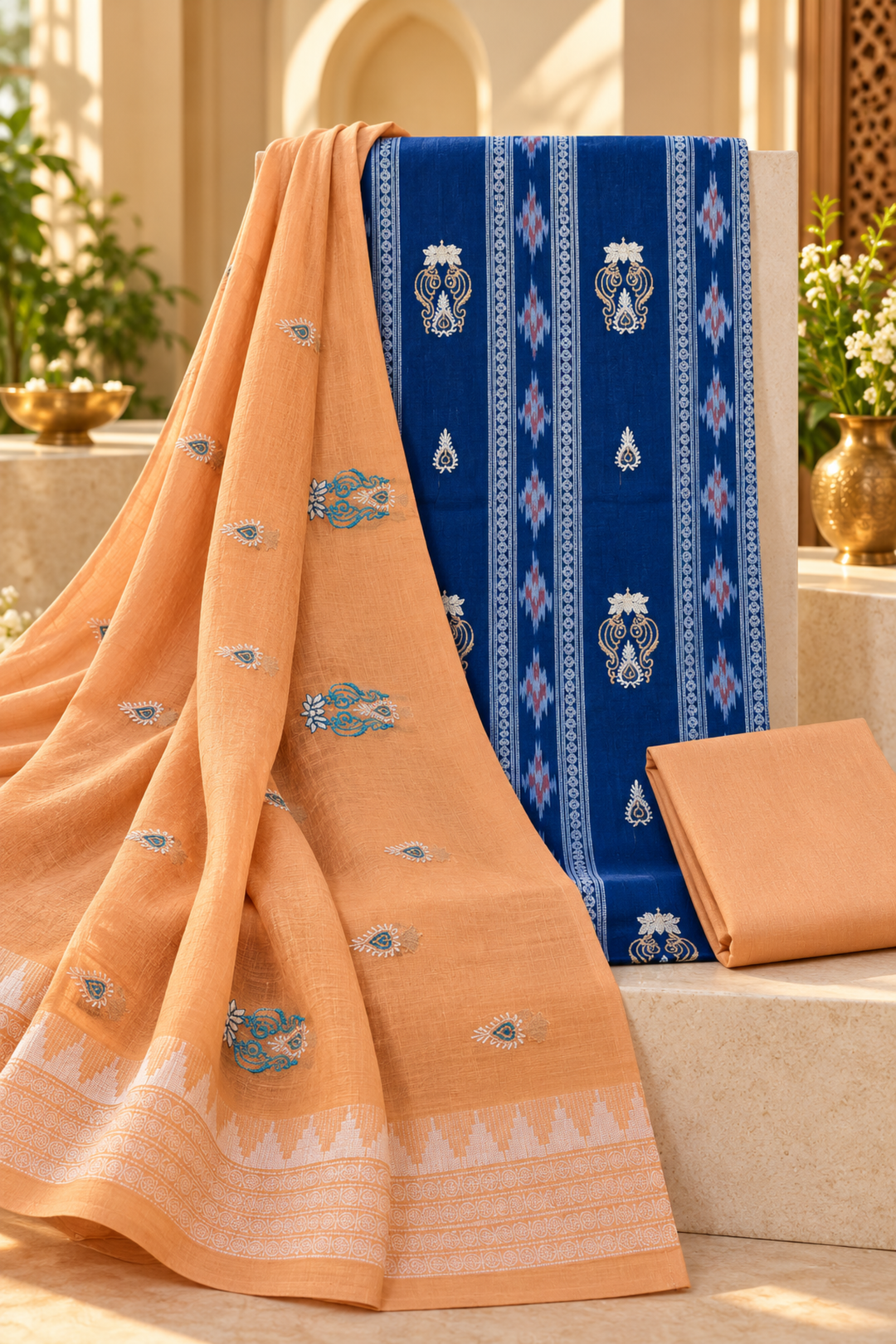 Women's Sambalpuri Peach & Royal Blue Unstitched Suit Material with Dupatta