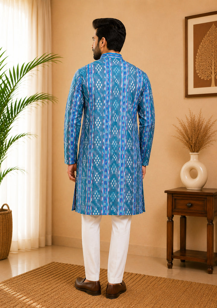 Sambalpuri Men's Long Kurta - Classic Blue Heritage Kurta