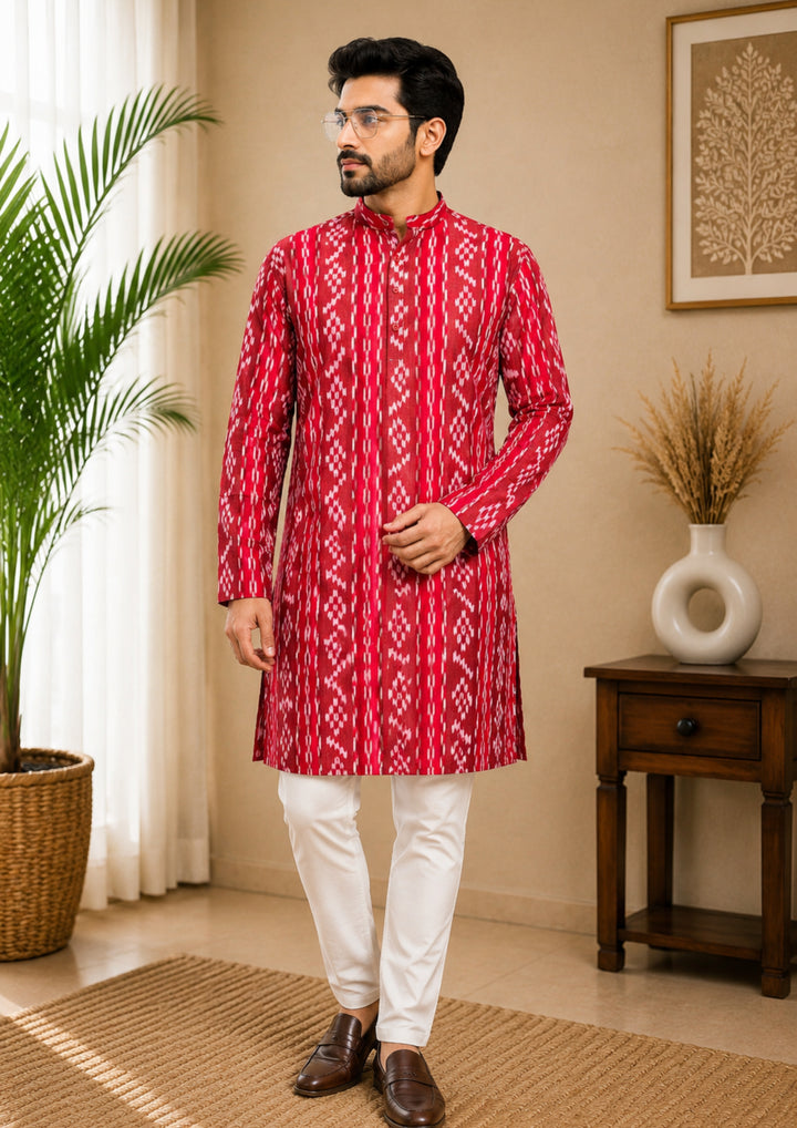 Sambalpuri Men's Long Kurta - Crimson Red Kurta