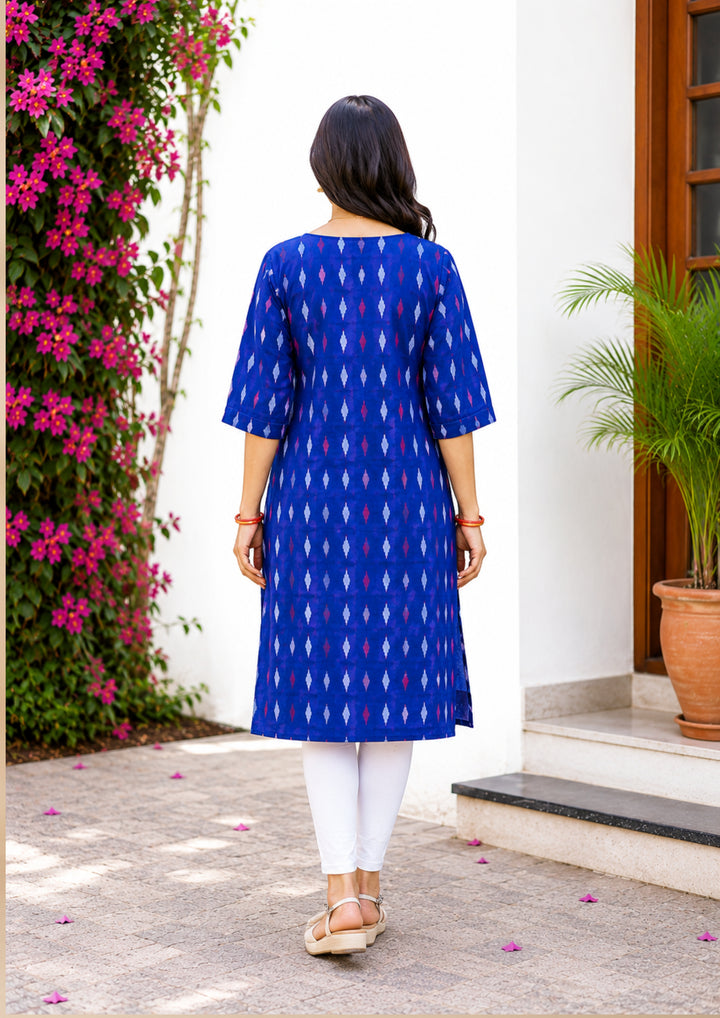 Sambalpuri Women's Kurti - Royal Blue & Crimson Ikat Elegance Kurti