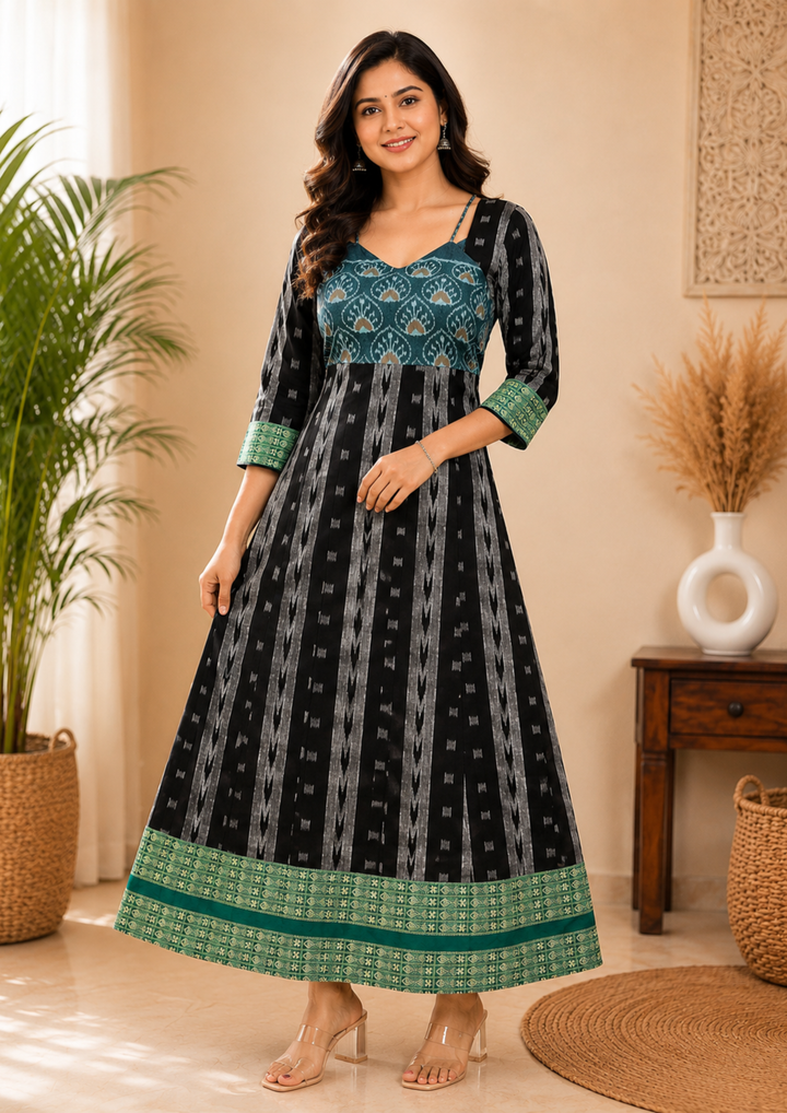 Sambalpuri Designer Flared Emerald Midnight Black  Sweetheart  Neck with Tie Strap