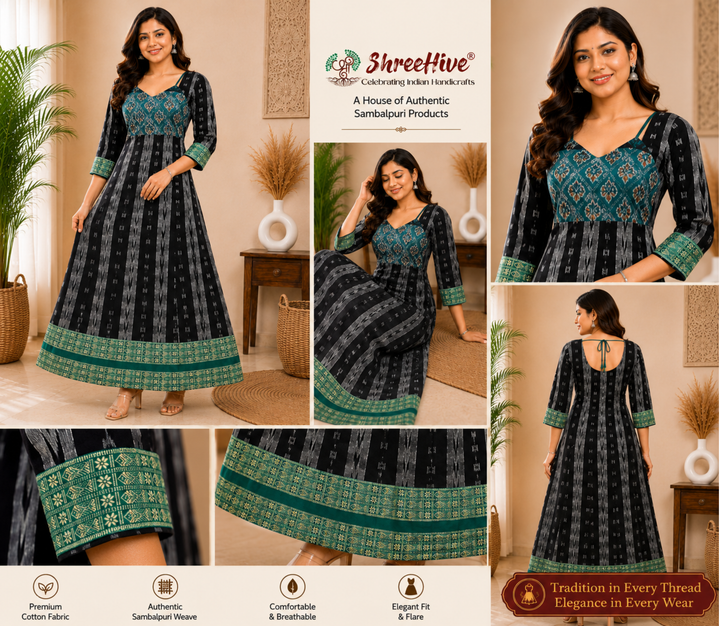 Sambalpuri Designer Flared Emerald Midnight Black  Sweetheart  Neck with Tie Strap