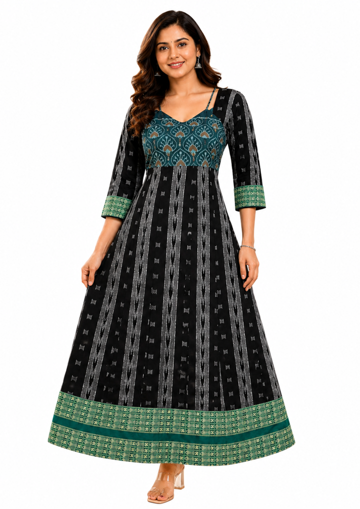 Sambalpuri Designer Flared Emerald Midnight Black  Sweetheart  Neck with Tie Strap