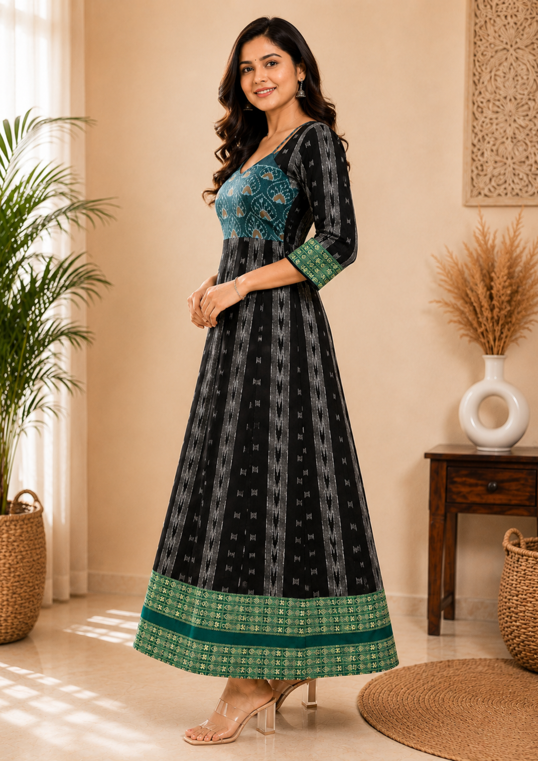 Sambalpuri Designer Flared Emerald Midnight Black  Sweetheart  Neck with Tie Strap