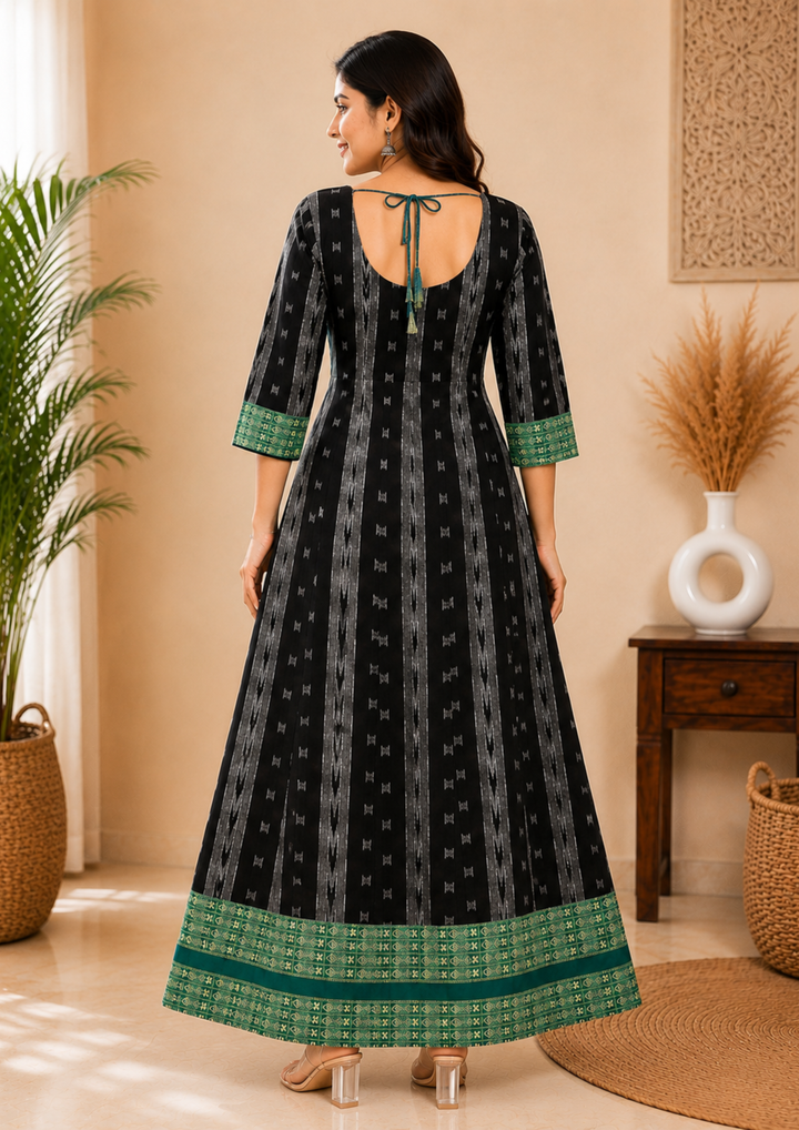 Sambalpuri Designer Flared Emerald Midnight Black  Sweetheart  Neck with Tie Strap