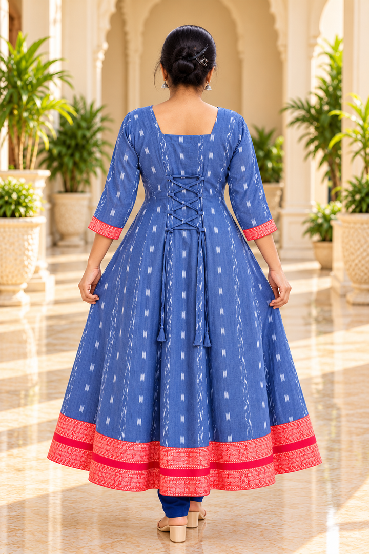 Women’s Royal Blue Sambalpuri Ikat-Inspired Anarkali with Coral Red Border
