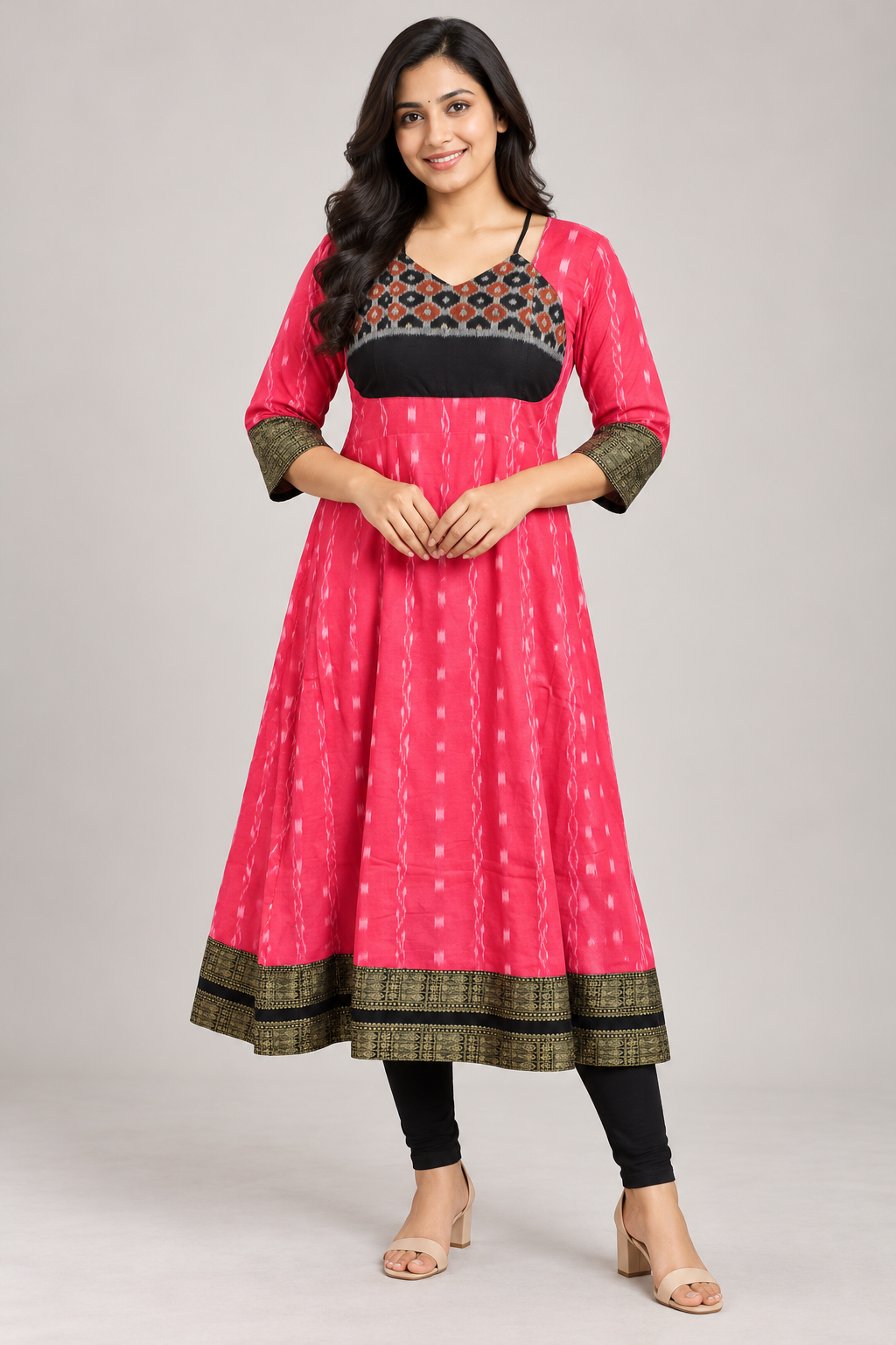 Women’s Pink Sambalpuri Ikat Anarkali Kurti with Black and Antique Gold Border