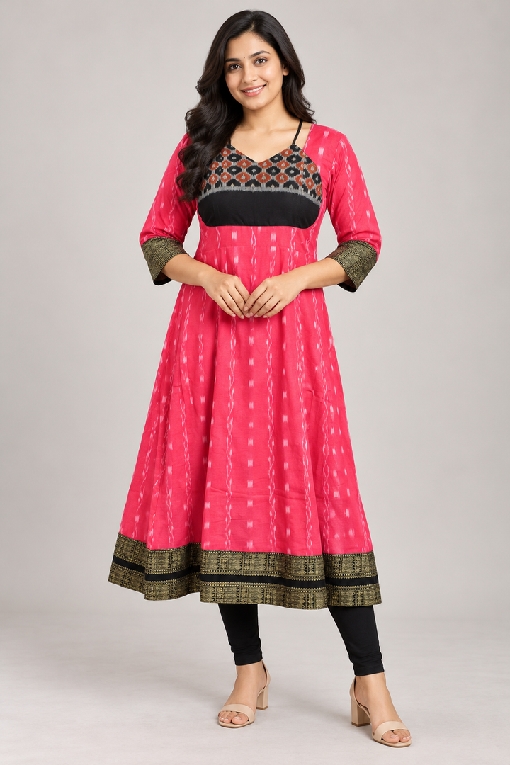 Women’s Pink Sambalpuri Ikat Anarkali Kurti with Black and Antique Gold Border