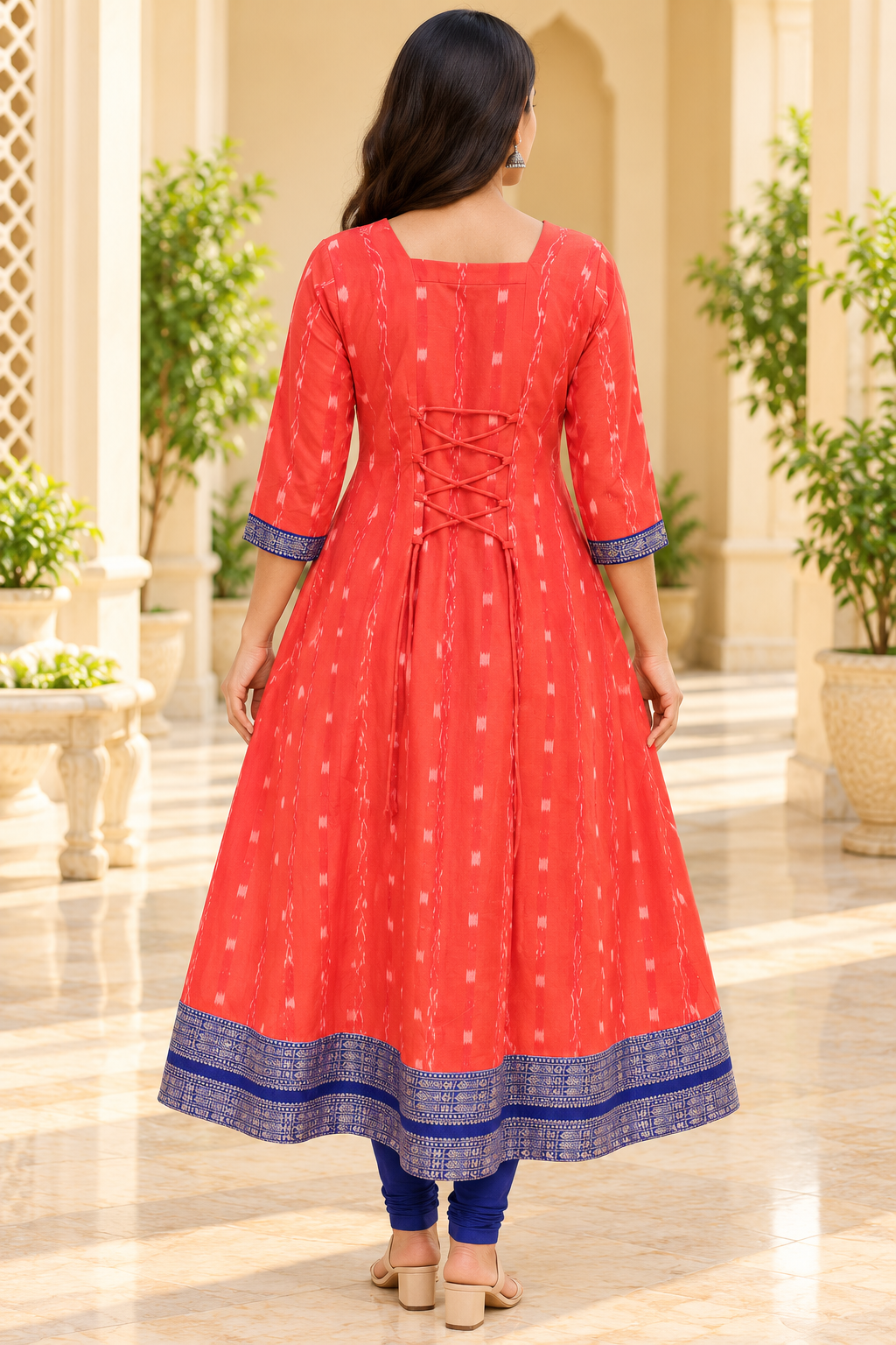Women’s Coral Red & Royal Blue Sambalpuri-Inspired Designer Anarkali Kurti