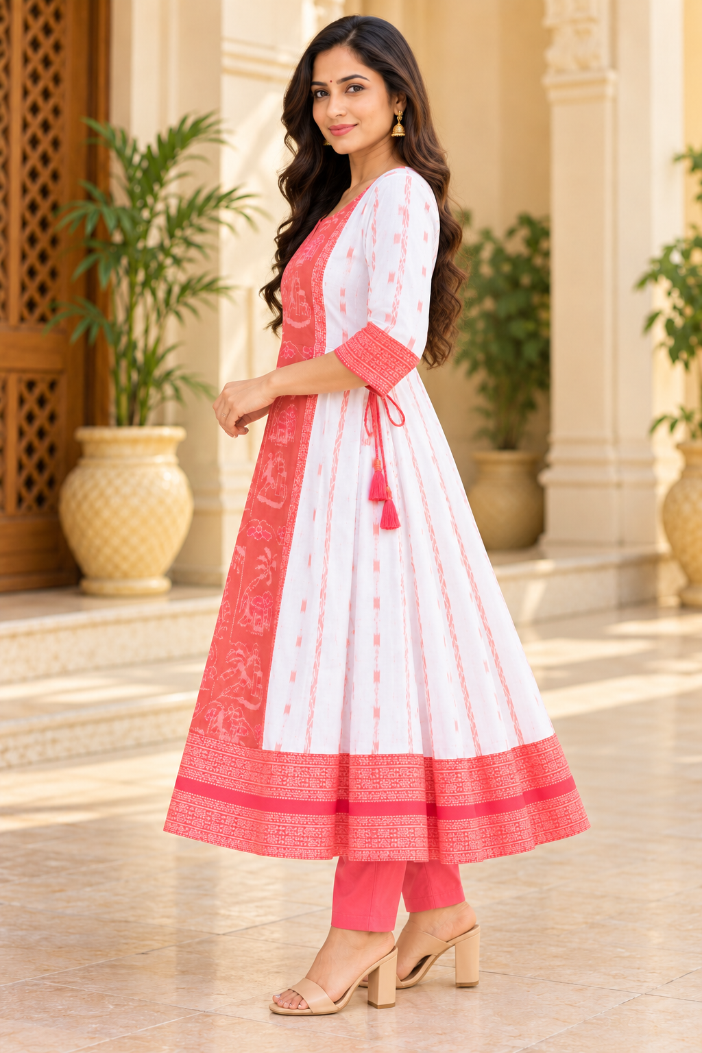 Women’s White and Coral Pink Sambalpuri Ikat Anarkali Kurti with Traditional Motif Centre Panel