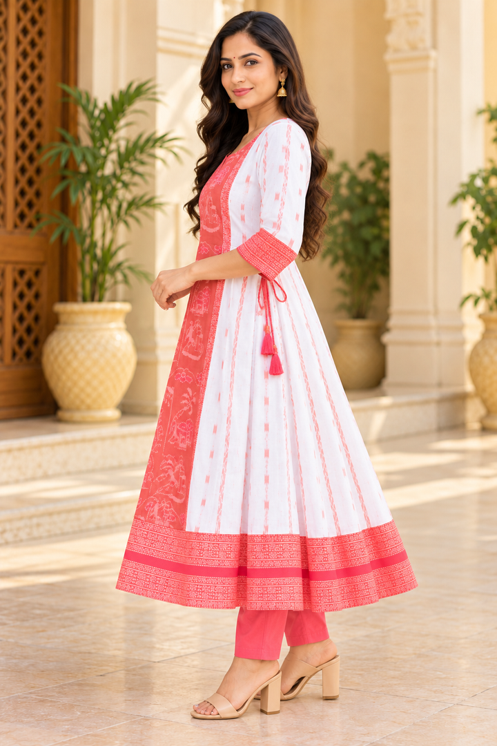 Women’s White and Coral Pink Sambalpuri Ikat Anarkali Kurti with Traditional Motif Centre Panel