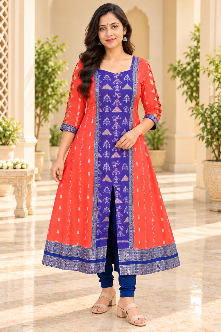 Women’s Coral Red & Royal Blue Sambalpuri-Inspired Designer Anarkali Kurti