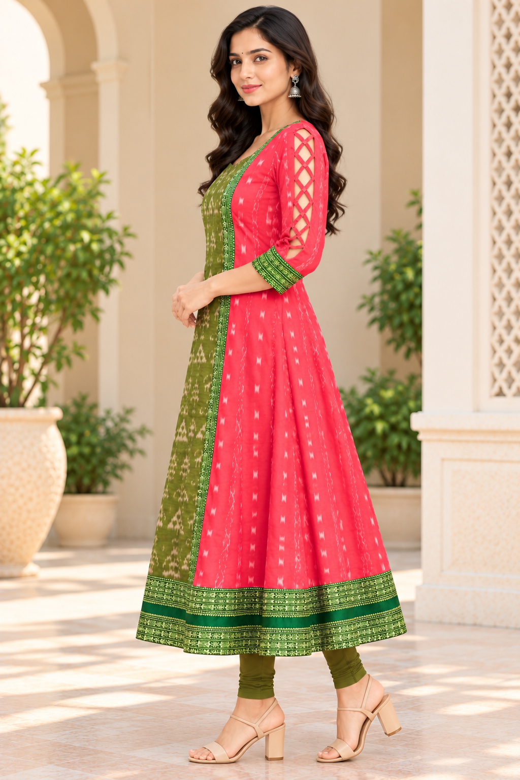 Women’s Coral Pink &amp; Olive Green Sambalpuri-Inspired Designer Anarkali Kurti