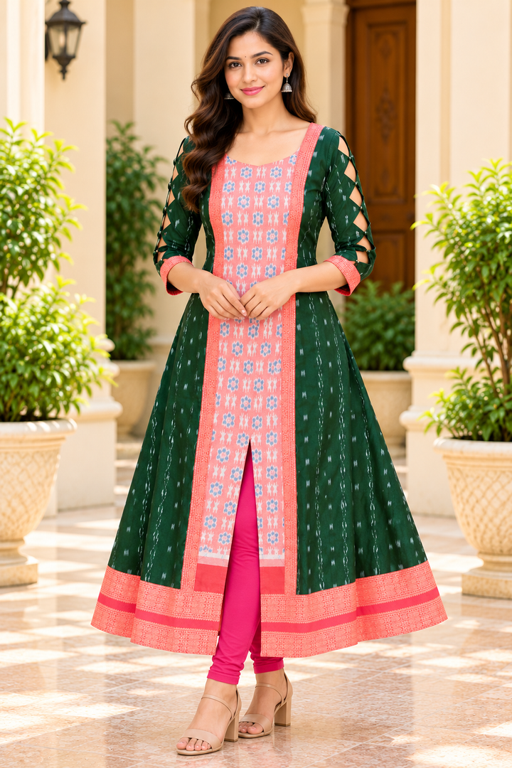 Women’s Emerald Green &amp; Peach Pink Sambalpuri Ikat-Inspired Flared Anarkali with Coral Pink Border