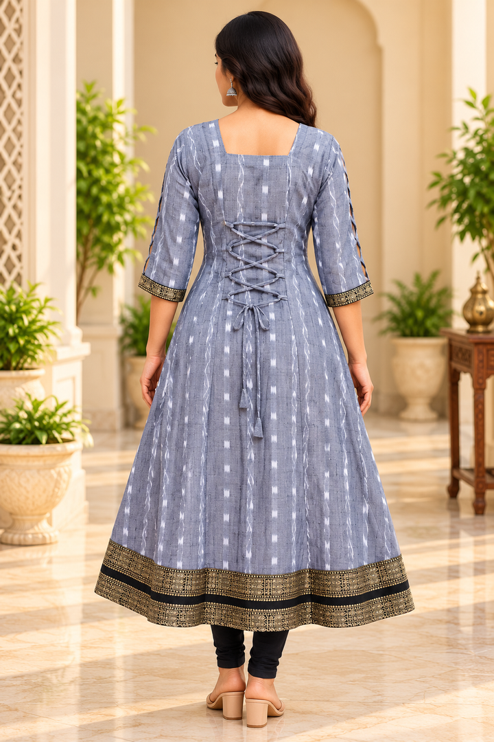 Women’s Slate Grey Sambalpuri Ikat-Inspired Flared Anarkali with Black &amp; Antique Gold Border