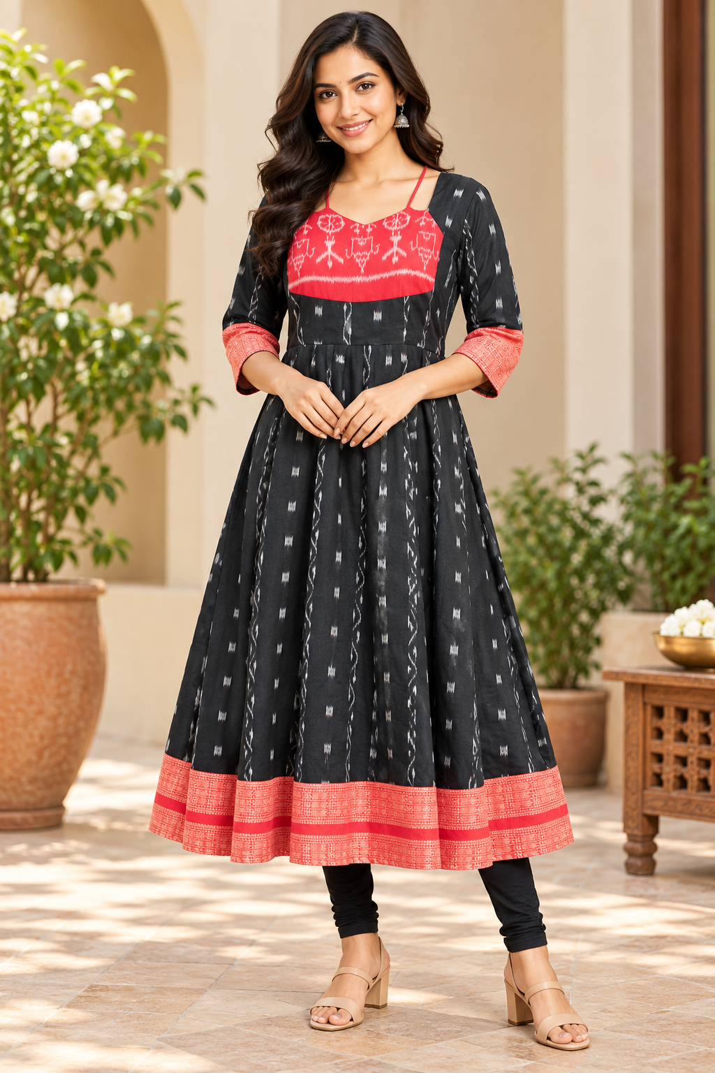 Women’s Black and Red Sambalpuri Ikat Anarkali Kurti with Traditional Red Border
