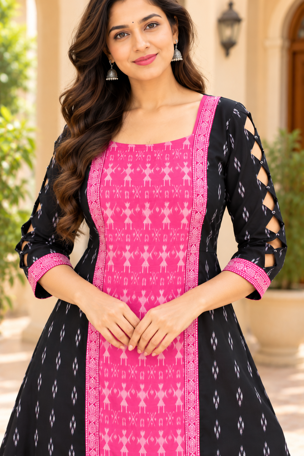Women’s Black &amp; Fuchsia Pink Sambalpuri-Inspired Designer Anarkali