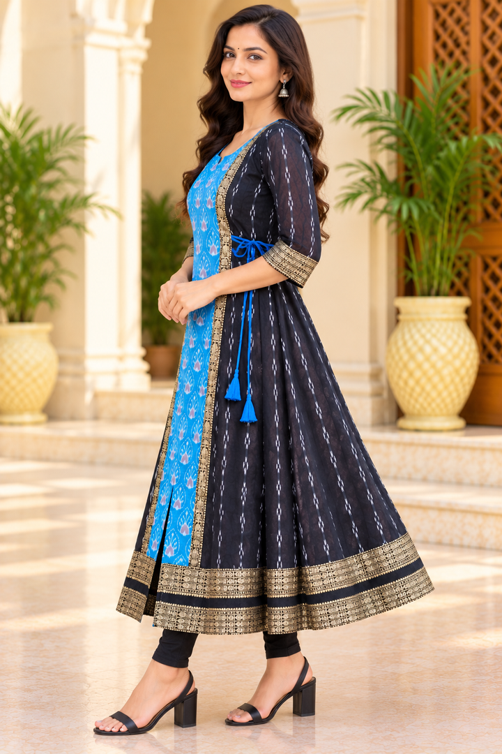 Women's Blue and Black Sambalpuri-Inspired Anarkali Kurti with Gold Border