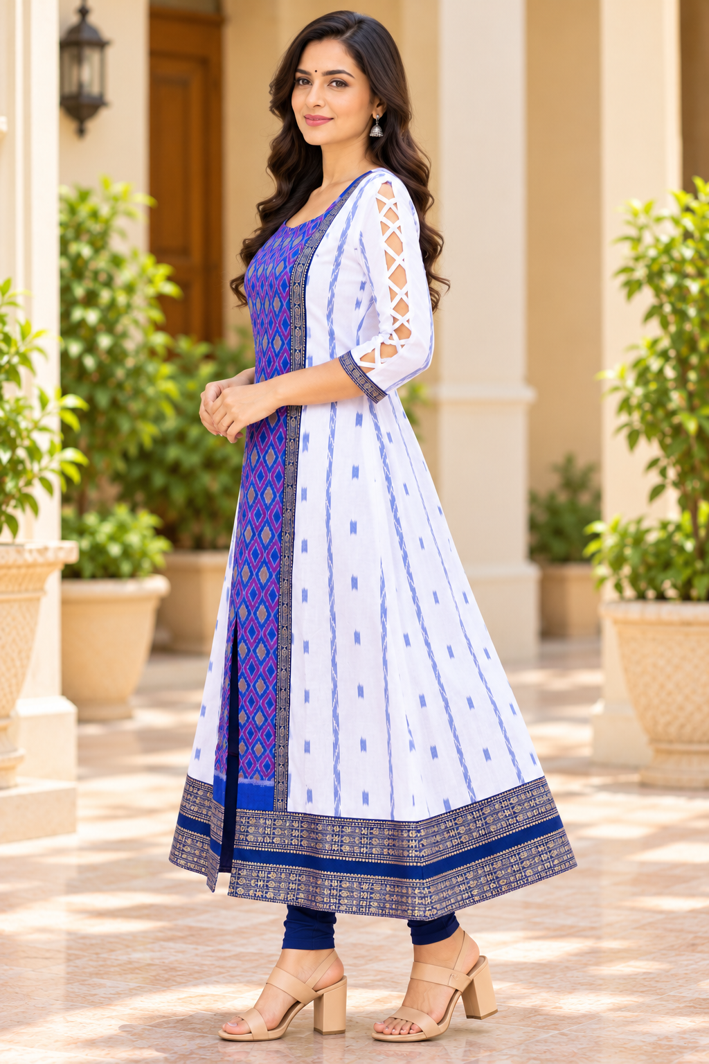 Women’s White & Royal Blue Sambalpuri Ikat-Inspired Flared Anarkali with Traditional Blue-Gold Border