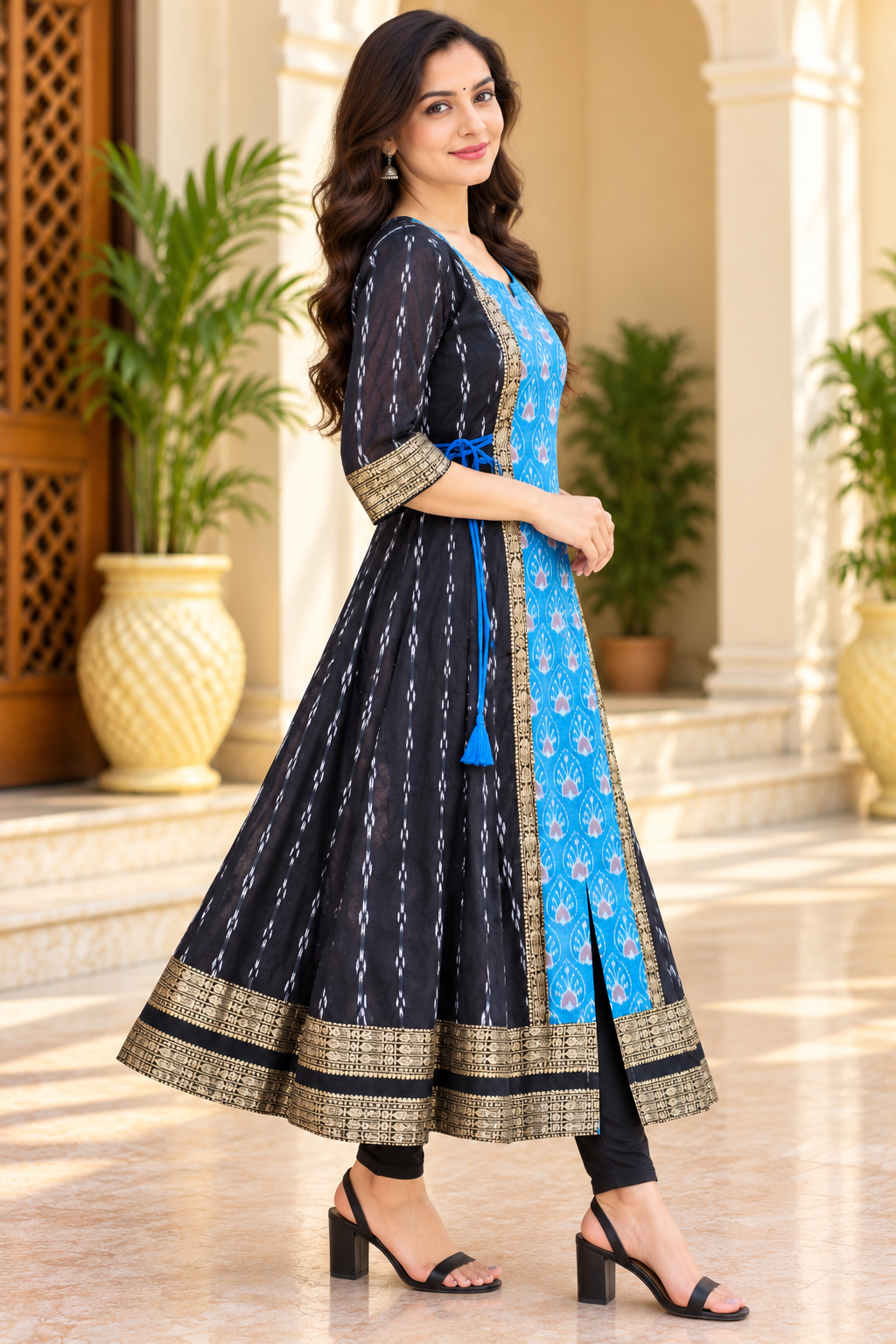 Women's Blue and Black Sambalpuri-Inspired Anarkali Kurti with Gold Border