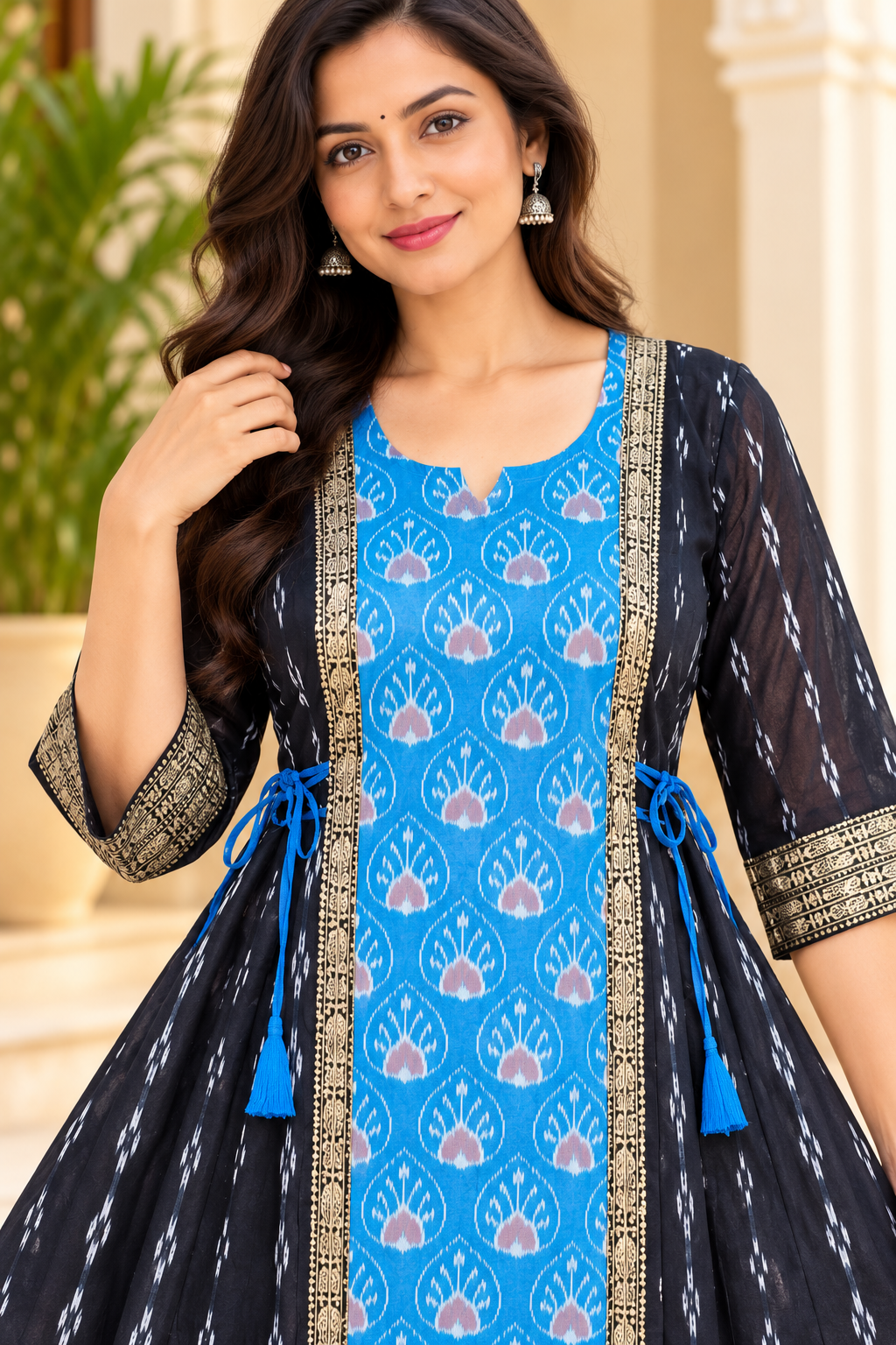 Women's Blue and Black Sambalpuri-Inspired Anarkali Kurti with Gold Border