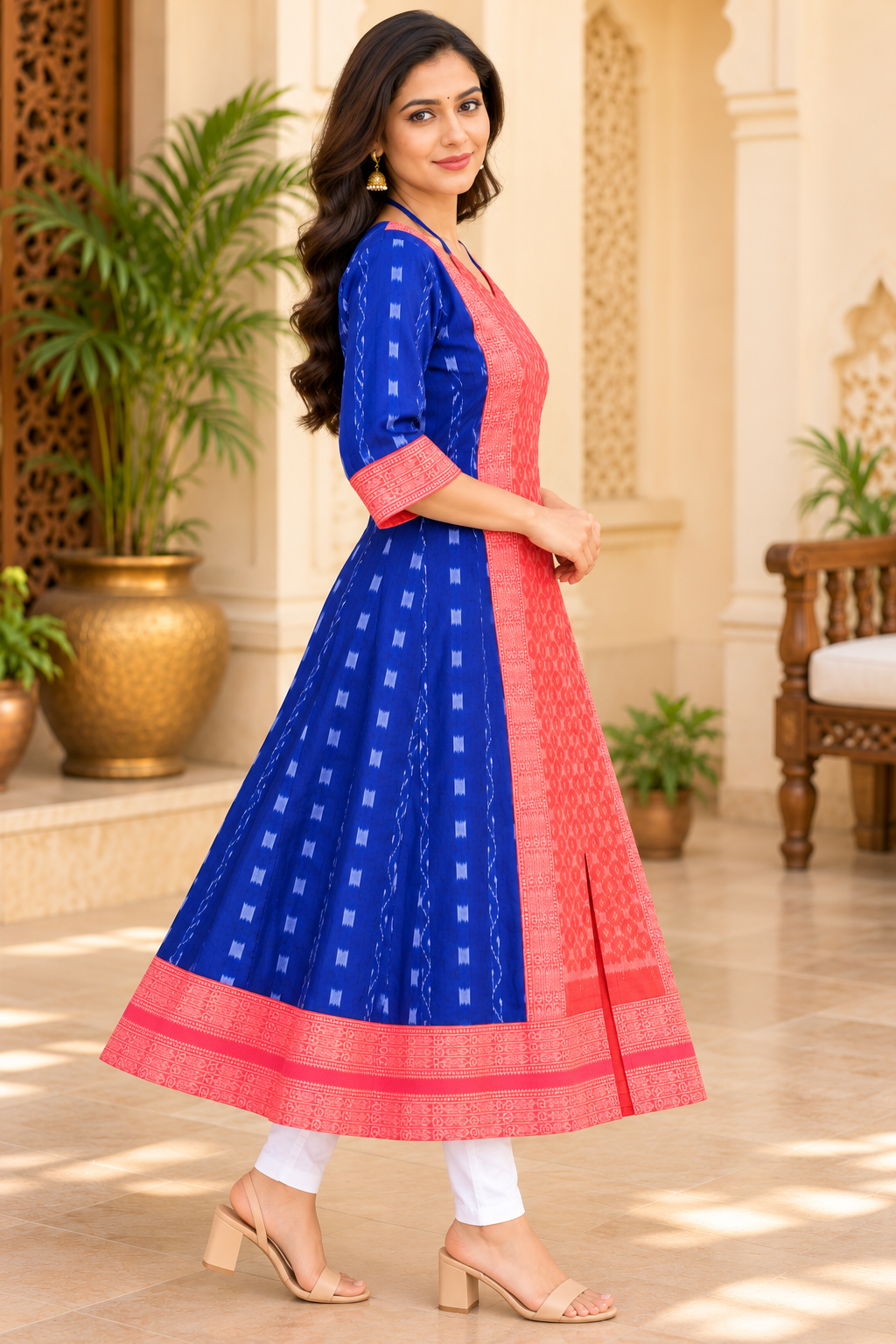 Women’s Royal Blue Sambalpuri Ikat Anarkali Kurti with Coral Pink Border