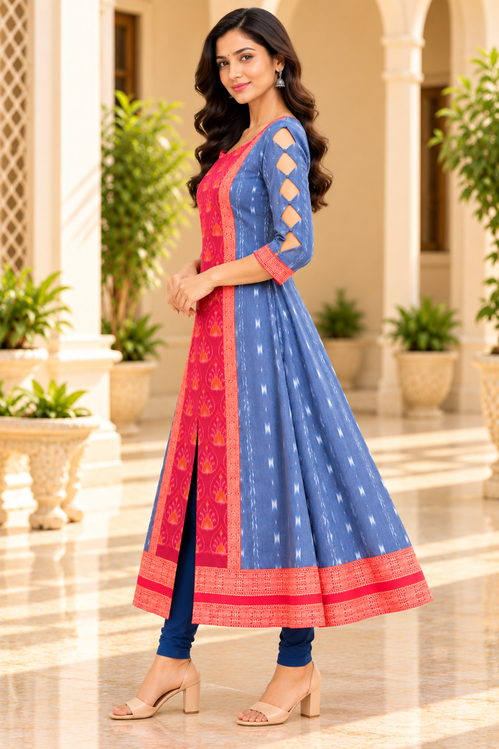 Women’s Royal Blue Sambalpuri Ikat-Inspired Anarkali with Coral Red Border
