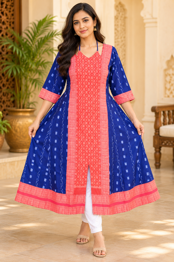 Women’s Royal Blue Sambalpuri Ikat Anarkali Kurti with Coral Pink Border