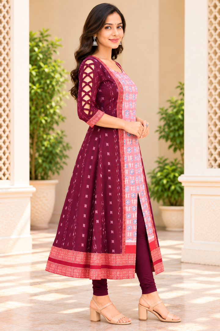 Women’s Plum Purple &amp; Peach Pink Sambalpuri-Inspired Designer Anarkali Kurti