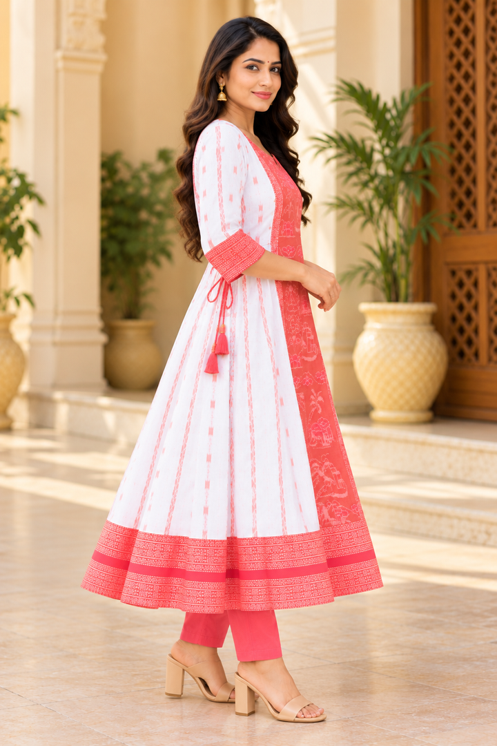 Women’s White and Coral Pink Sambalpuri Ikat Anarkali Kurti with Traditional Motif Centre Panel