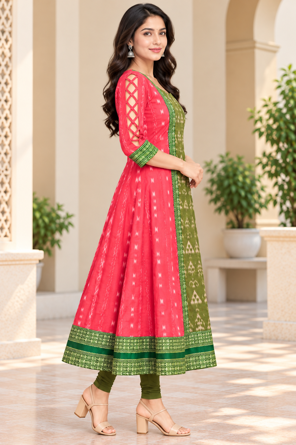 Women’s Coral Pink &amp; Olive Green Sambalpuri-Inspired Designer Anarkali Kurti