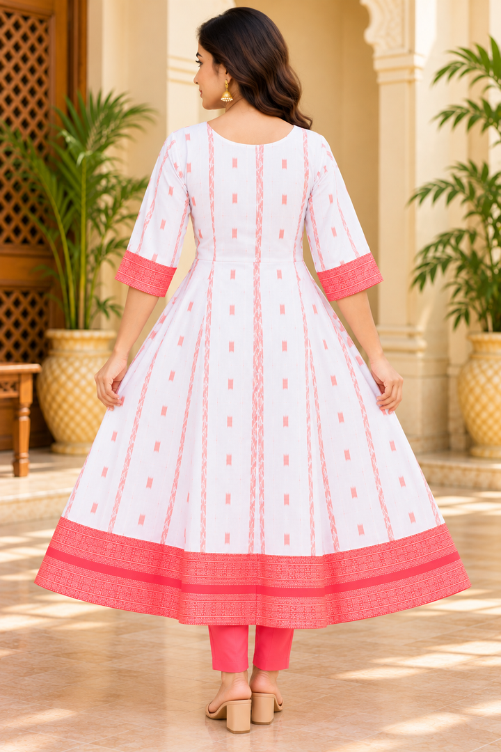 Women’s White and Coral Pink Sambalpuri Ikat Anarkali Kurti with Traditional Motif Centre Panel
