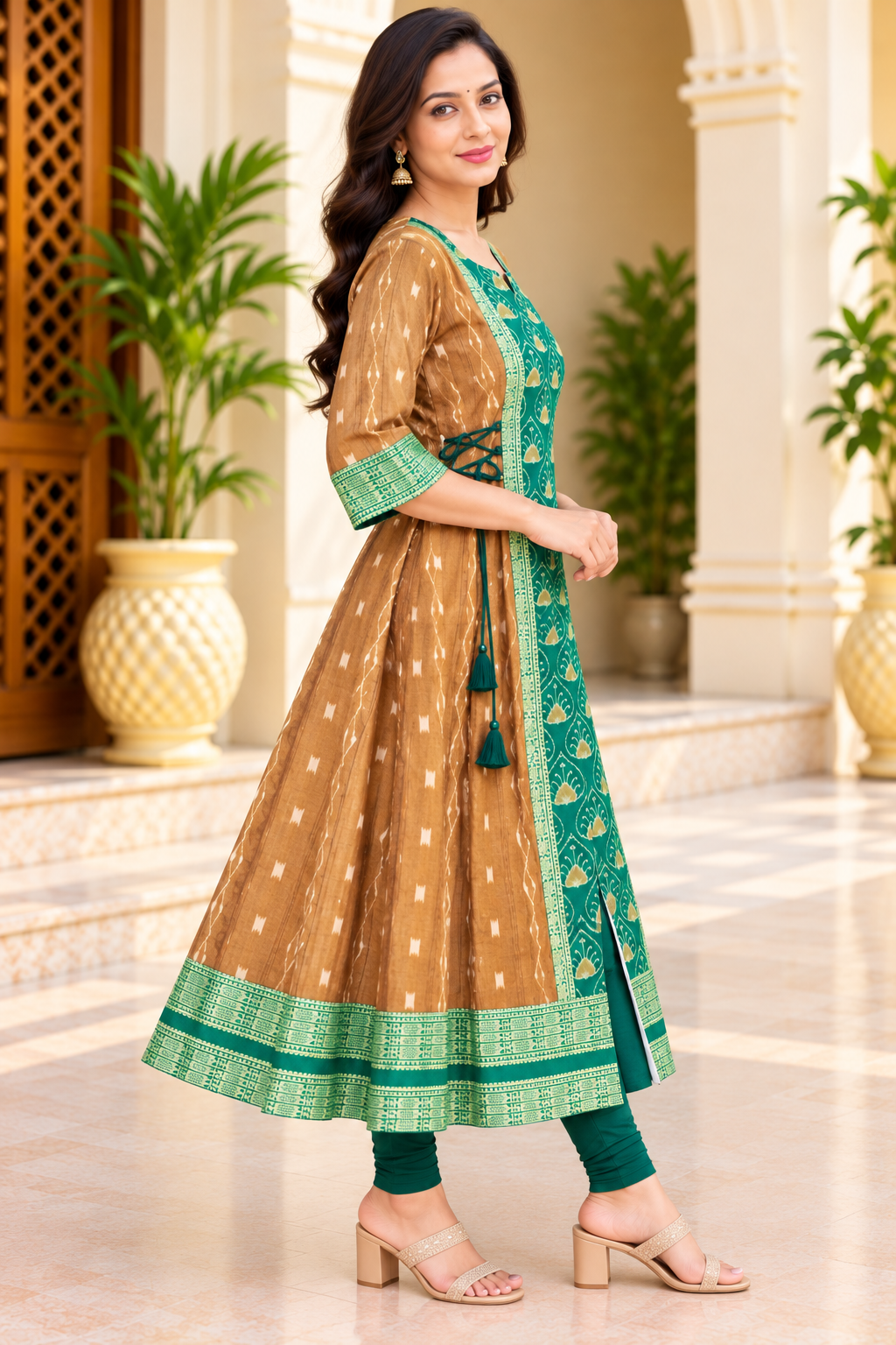 Women’s Brown and Emerald Green Sambalpuri Ikat-Inspired Anarkali Kurti with Traditional Green Border