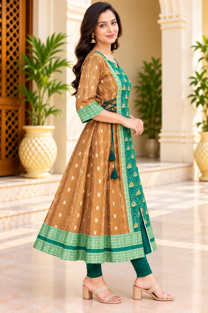 Women’s Brown and Emerald Green Sambalpuri Ikat-Inspired Anarkali Kurti with Traditional Green Border