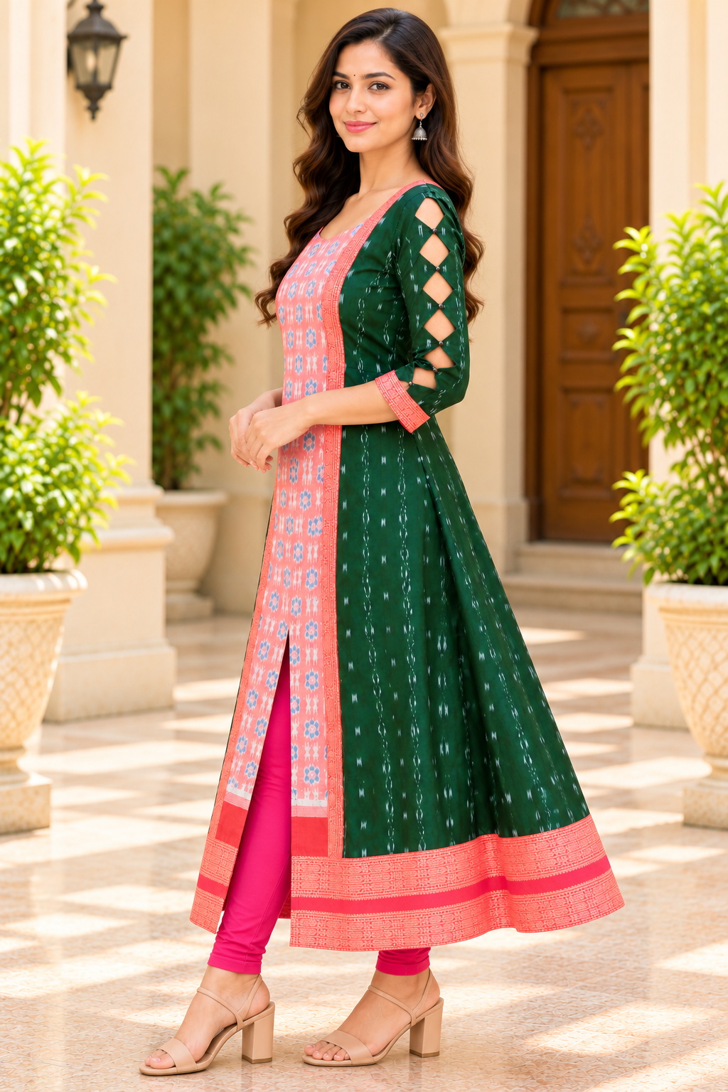 Women’s Emerald Green &amp; Coral Pink Sambalpuri-Inspired Designer Anarkali with Cutwork Sleeves