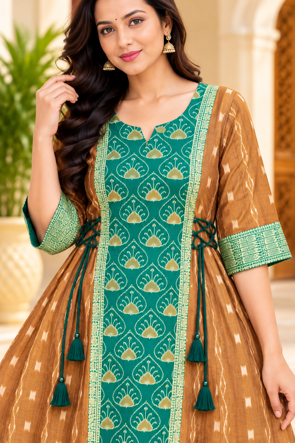 Women’s Brown and Emerald Green Sambalpuri Ikat-Inspired Anarkali Kurti with Traditional Green Border